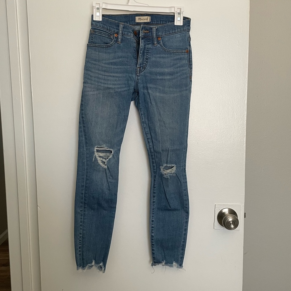 MADEWELL Distressed, Raw Hem Blue Skinny Jeans